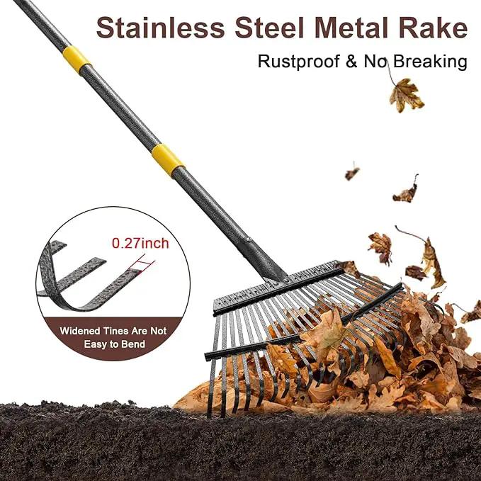 Metal Garden Rake, 6FT Rake for Leaves Lawns, 25 Metal Tines 18 inch Wide with Adjustable Handle Heavy Duty Yard Leaf Rakes for Gardening by GreenHaven Gardens