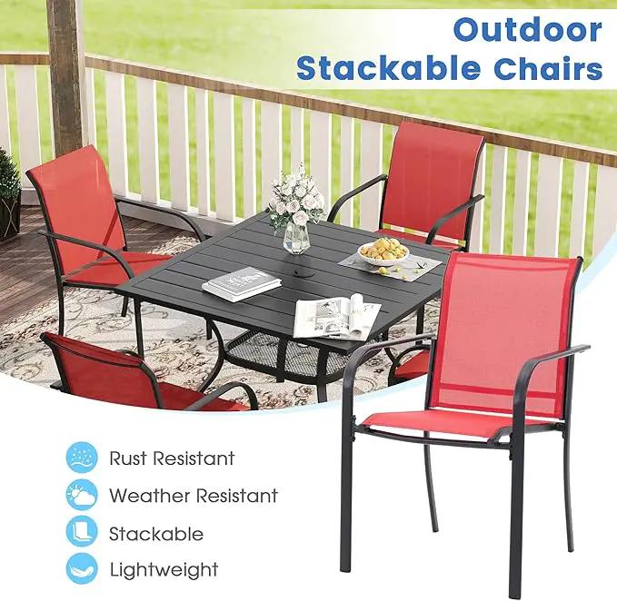 VICLLAX Patio Dining Set for 4, Outdoor Furniture Set Includes 1 Square Patio Table and 4 Stacking Patio Sling Chairs, Black Tabletop and Red Fabric by GreenHaven Gardens