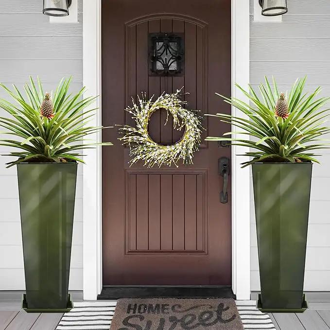 KOL 28''H. Tall Metal Planter with Saucer, Galvanized Steel Glazed Planter Pots with Drainage Hole for Indoor & Outdoor Use, Set of 2, Decorative Flower Plant Pots for Front Porch, Patio, Deck - Green by GreenHaven Gardens