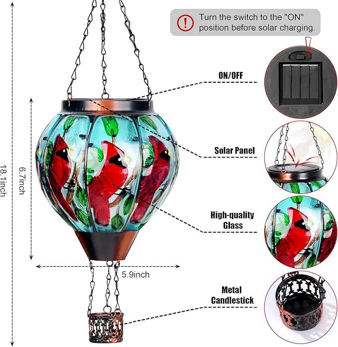 2 Pack Cardinal Solar Hot Air Balloon Lantern with Flame, Outdoor Christmas Decorations Flickering Solar Lights, Glass Hanging Solar Lantern Waterproof, Gardening Gifts for Outdoor Garden Patio Decor by GreenHaven Gardens