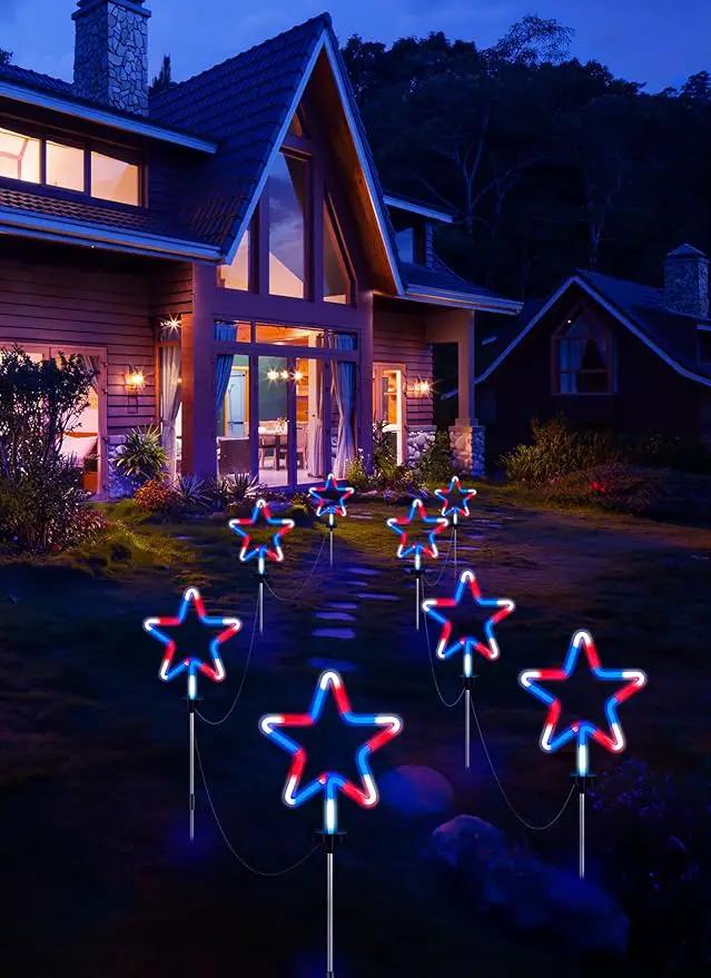 4th of July Decorations Outdoor Red White and Blue Lights, 4 Big Neon Star Pathway Lights Plug in for Independence Day Memorial Day Patriotic Decor Outside Garden Yard Lawn by GreenHaven Gardens