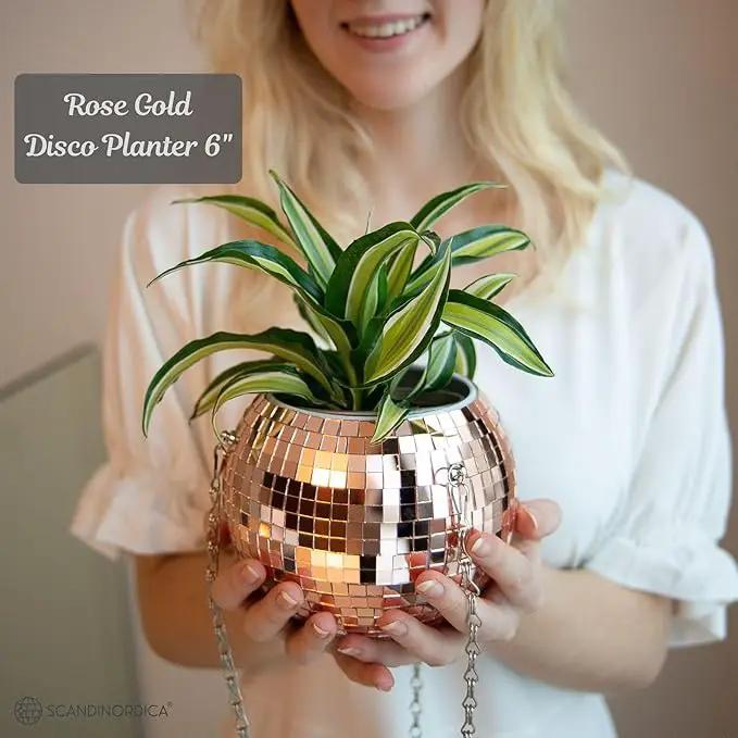 SCANDINORDICA Disco Ball Planter – Value Package: Mirror Disco Planter with Chain, Macrame Hanger and Acrylic Stand for Desk, Includes Self Watering Insert, Quirky Gifts | 6 inch Rose Gold by GreenHaven Gardens
