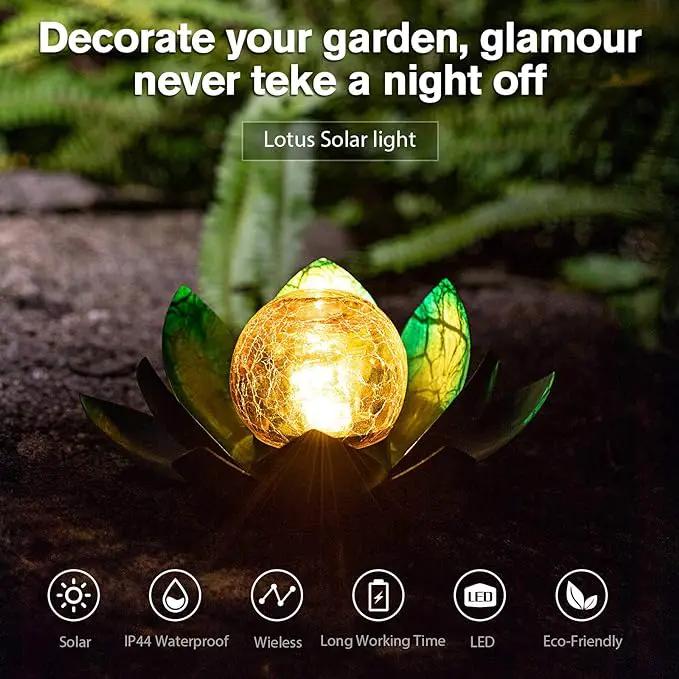 Huaxu Solar Light Outdoor Garden Decor Blue Metal Crackle Globe Glass Waterproof LED Lotus Flower Table Lamp Decorations for Patio Yard Porch Pathway Ground by GreenHaven Gardens