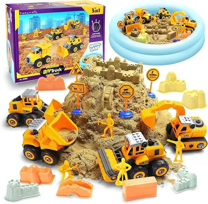Play Construction Sand Kit,2.2lbs Magic Sand W/4 Large Take Apart Construction Trucks,1 Sandbox,8 Worker Figures and Road Signs,8 Molds,Toys for 2-8 Years Old Boys Girls by GreenHaven Gardens