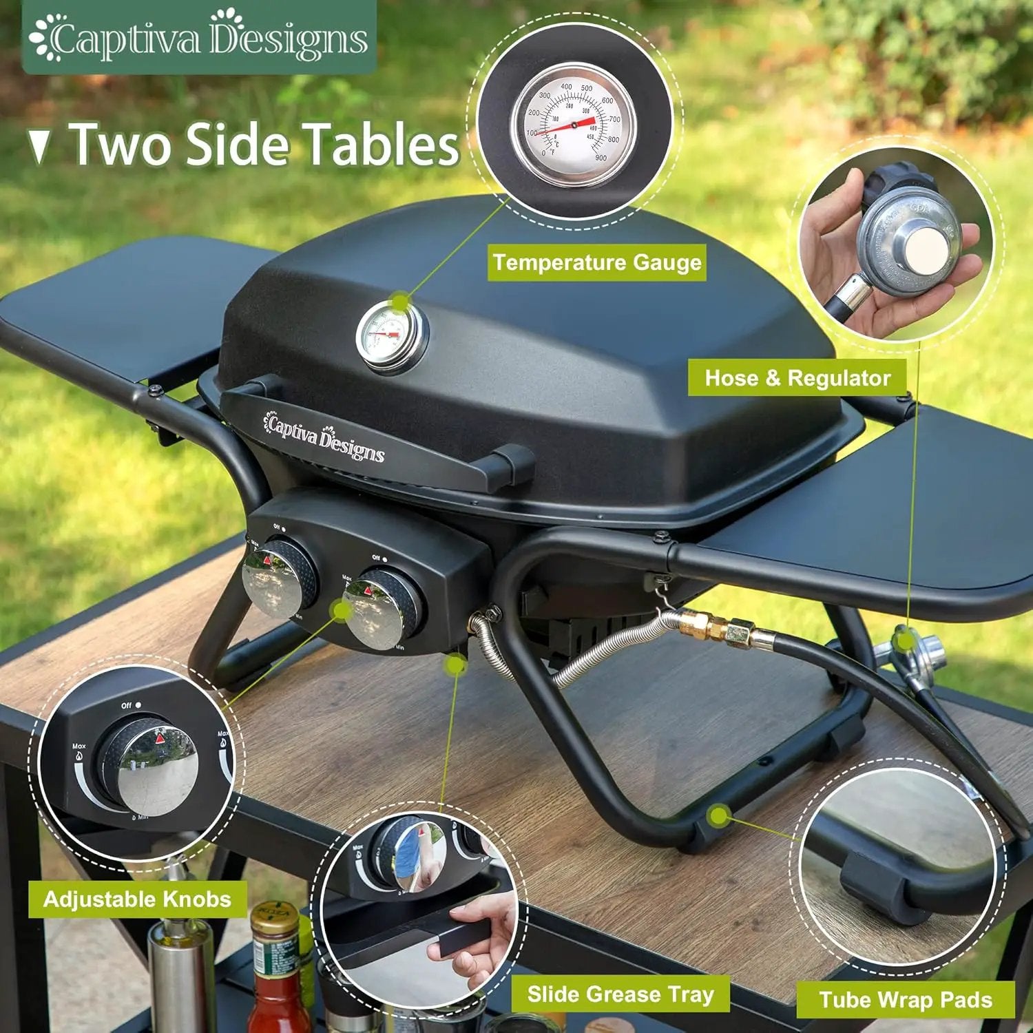 Captiva Designs Portable Propane Grill, 15,000 BTU Output TableTop Liquid Gas Grill with 2 Stainless Steel Burners, 275 sq.in. Cooking Area with Side Tables by GreenHaven Gardens
