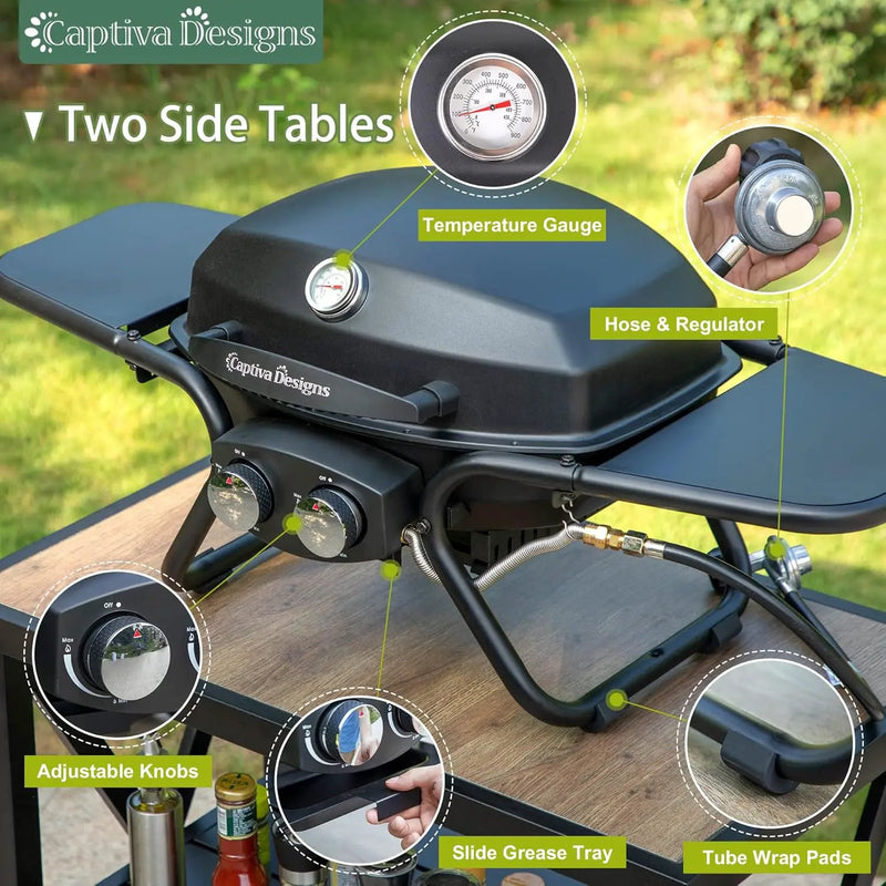 Captiva Designs Portable Propane Grill, 15,000 BTU Output TableTop Liquid Gas Grill with 2 Stainless Steel Burners, 275 sq.in. Cooking Area with Side Tables by GreenHaven Gardens