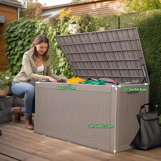 100 Gallon Outdoor Deck Box,Storage Lockable Waterproof Patio Furniture,Garden Tools,Cushions,Pool Accessories Outside Storage Resin Box(Grey) by GreenHaven Gardens