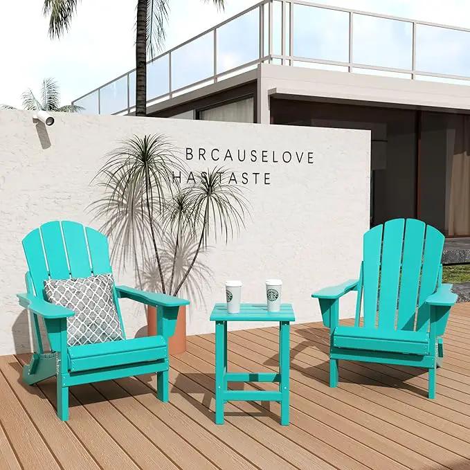 WO Home Furniture Adirondack Chairs Table Set of 3 PCS Outdoor Folding Chairs Side End Table Weather/UV Resistant for Lawn, Garden, Bon Fire, Balcony (Turquoise) by GreenHaven Gardens