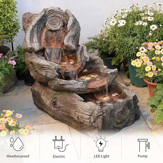 31.5" L Garden Water Fountain Outdoor, Artifical Imitation Wood Outdoor Water Fountain Natural Waterfall with LED Lights for Patio,Porch,Backyard,Home Art Decor（Resin） by GreenHaven Gardens