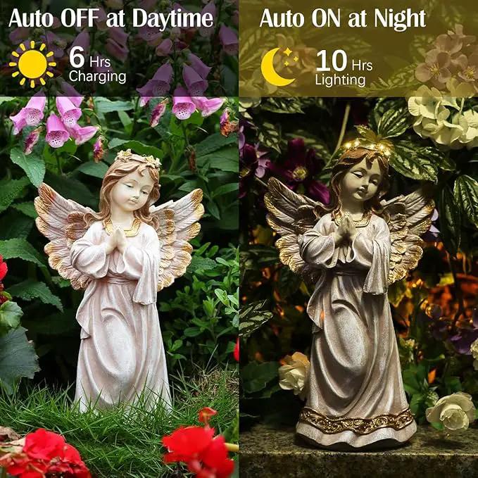 Angel Garden Statue,Memory Guardian Solar Garden Decor with Warm Light,Waterproof Praying Angel Statue with Garland,Outdoor Garden Decor Sculpture for Lawn Yard Patio,Sympathy Gift,Apricot Pink by GreenHaven Gardens
