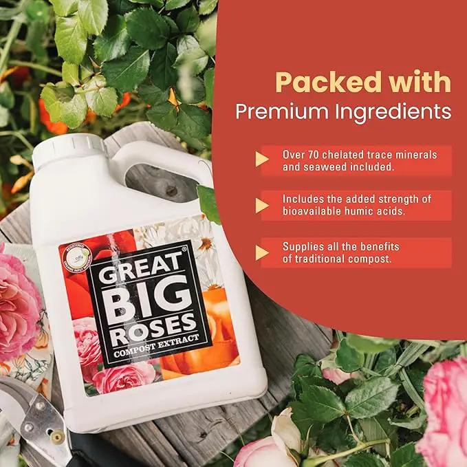 Great Big Roses – Soil and Rose Fertilizer Booster to Grow The Best Roses and Flowers; Rose Food Compost Extract for Rose Bush, 32 Ounce Concentrate (Makes 8 Gallons) by GreenHaven Gardens