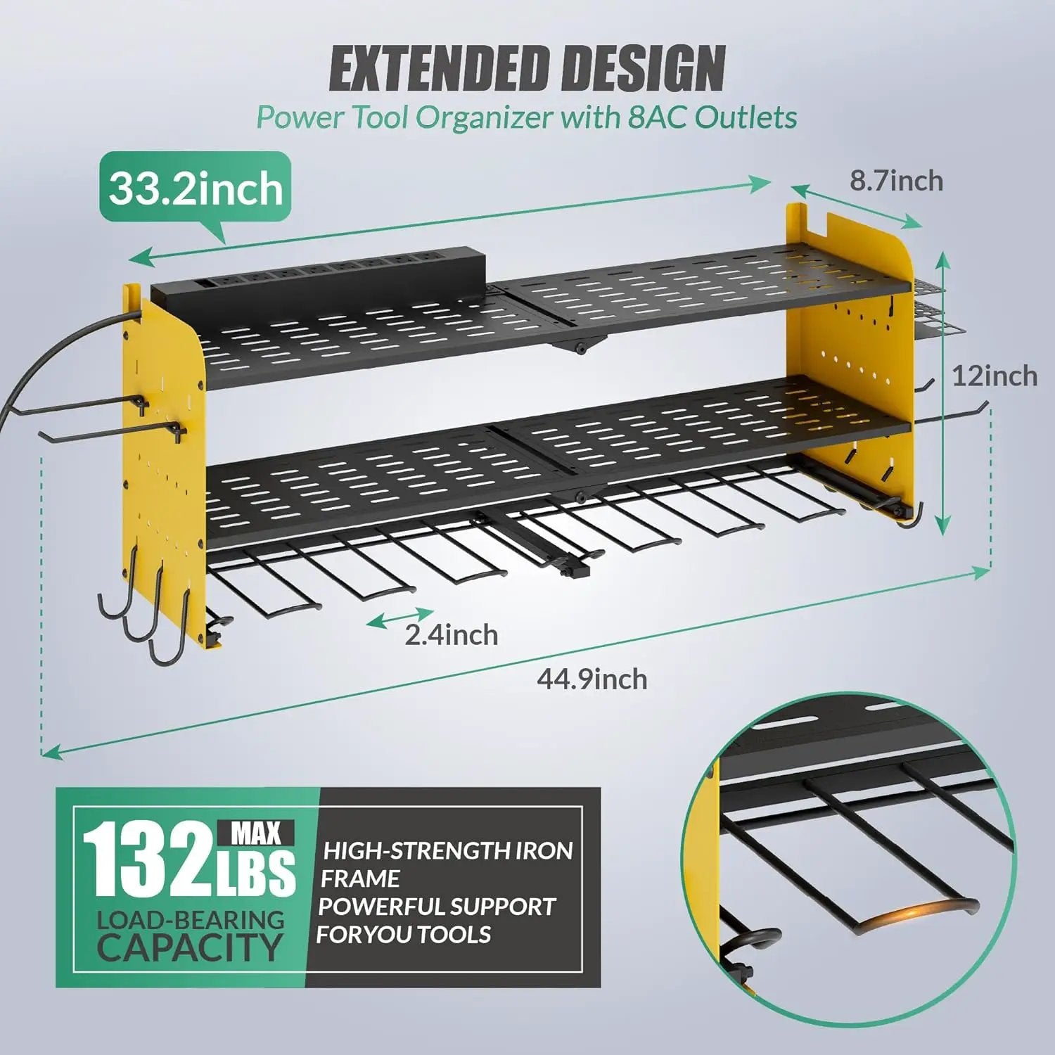 Suchtale Power Tool Organizer with Charging Station,33.2" Garage 8 Drill Holders Wall Mount,3 Layers Heavy Duty Metal Tool Shelf with 8 Outlets Power Strip, Gift for Men, Father, Yellow by GreenHaven Gardens