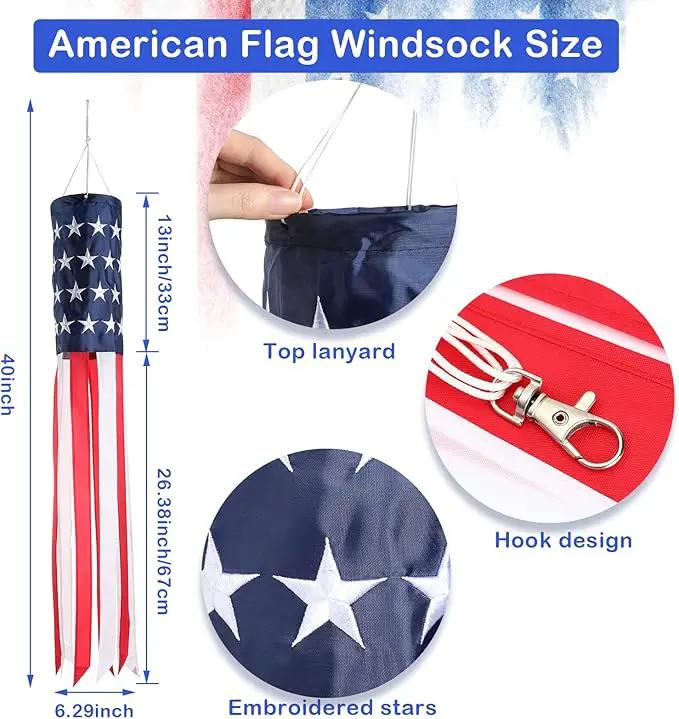 40 Inch American US Flag Windsock Outdoor USA Patriotic Decorations Embroidered Wind Socks Outdoor Hanging Fade Resistant 4th of July Windsock Independence Day for Garden Yard (6 Pcs) by GreenHaven Gardens