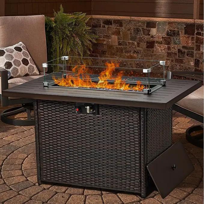 LayinSun 44" Propane Gas Fire Pit Table, 55000 BTU Rectangular Fire Pit with Glass Wind Guard for Outside Patio Deck Garden Backyard Brown-Aluminum Top by GreenHaven Gardens