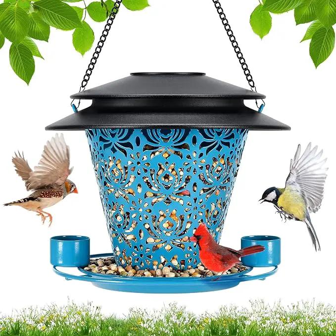 Solar Bird Feeders for Outside Hanging Metal Wild Bird Feeder Solar Lanterns Outdoor Waterproof Garden Decor for Yard Blue by GreenHaven Gardens