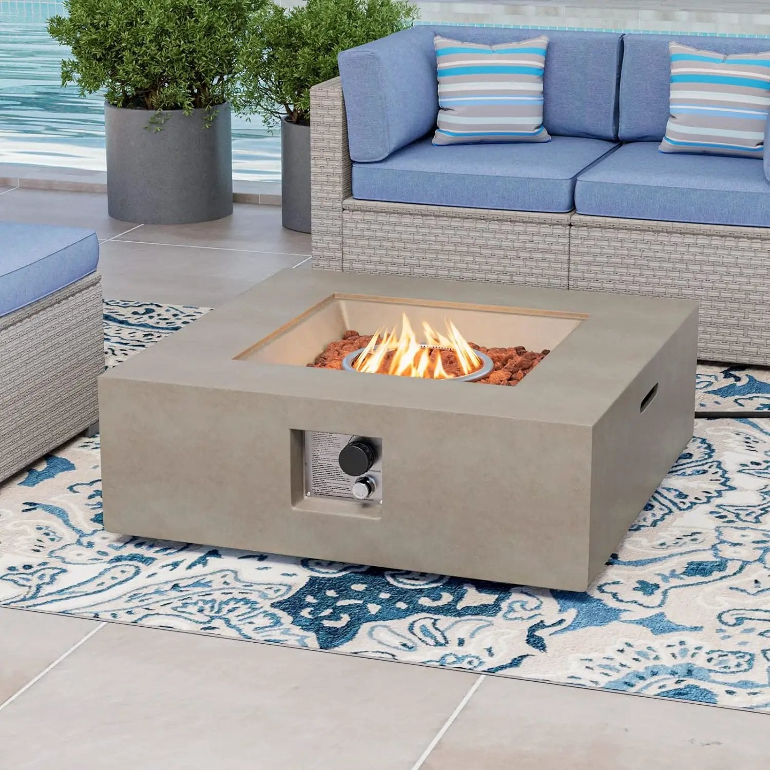 COSIEST Outdoor Propane Fire Pit Coffee Table w Square Faux Stone 35-inch Base, 50,000 BTU Stainless Steel Burner, Free Lava Rocks and Rain Cover(Gray) by GreenHaven Gardens