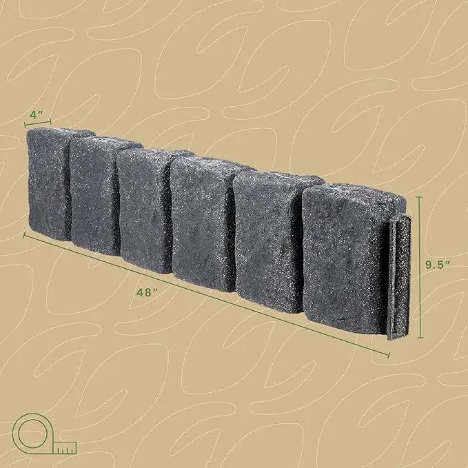Beuta Landscape Edging | Garden Edging Border | Faux Stone Block XL for Lawn Edging, Flower Beds & Yard Edging – 4 Pack | Each Section Has 6 Blocks 48" L x 4" W x 9.5" H | 12 Spikes | Charcoal by GreenHaven Gardens