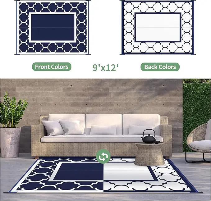 GENIMO 9' x 12' Outdoor Rug Waterproof for Patio Decor, Foldable Reversible Plastic Straw Area Rugs Mat for Camper, Outside Carpet for Rv, Deck, Porch, Picnic, Beach, Balcony, Blue & White by GreenHaven Gardens