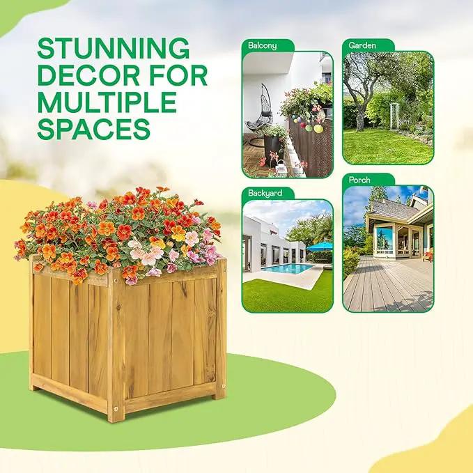 IDZO Acacia Wood Flower Planter Box for Outdoor Plants, 1pc Wooden Raised Garden Bed with Handles, Drainage Holes, Ideal for Garden and Home Décor, Golden Teak by GreenHaven Gardens
