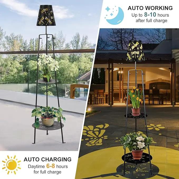 47.2'' Outdoor Metal Solar Floor Lamps with 2 Plant Stand Dragonfly Solar Lights Plant Stand Waterproof Solar Powered Outdoor Lantern Garden Decorative Light for Pathway Patio Porch Deck Yard by GreenHaven Gardens