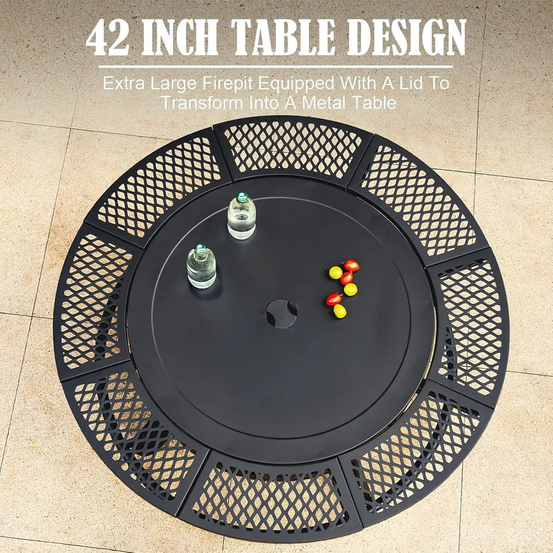 42 Inch Fire Pit with 2 Grills, Large Outdoor Firepits for Outside, Wood Burning Fireplace for Camping,Picnic,Bonfire, 3-in-1 Round Metal Table with Lid for Backyard,Patio,Party by GreenHaven Gardens