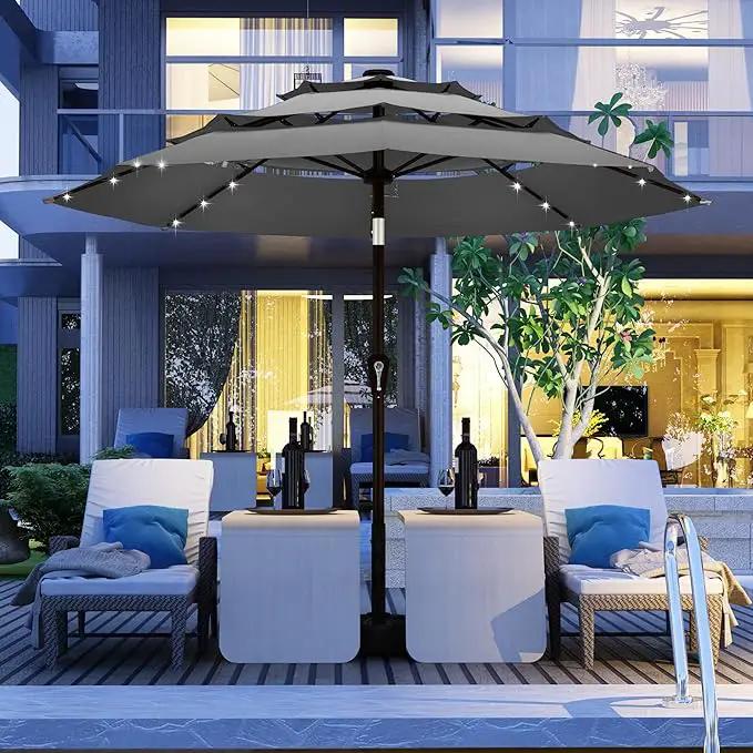 Kingdura 10ft 3-Tier Patio Umbrella with Solar Lights, Table Umbrella Outdoor Patio with Easy Crank & Tilt, 8 Sturdy Ribs, UV Protection, 32 LED Lights for Deck, Poolside, Market (Grey) by GreenHaven Gardens