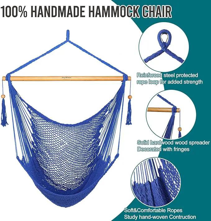 JoyView Hammock Chair with Spreader Bar Caribbean Hammock Swing Chair 300 LBS Weight Capacity XL Rope Hanging Chair for Outdoor Indoor Garden Yard - Blue by GreenHaven Gardens