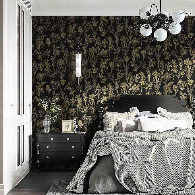 Dimoon 393"x17.3" Floral Wallpaper Peel and Stick Flowers Golden Black Contact Paper Thicken Waterproof Modern Self Adhesive Plants Wallpaper Removable Wall Paper Shelf Vinyl Roll by GreenHaven Gardens