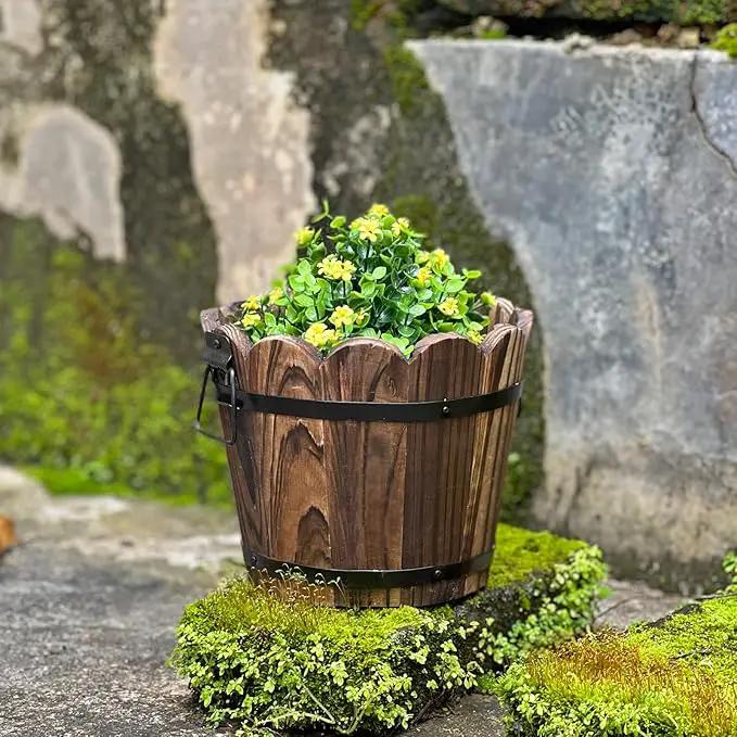 Wooden Bucket Barrel Planters, Small Flower Pot with Drainage Holes for Indoor Plants Home Décor, Set of 3 by GreenHaven Gardens