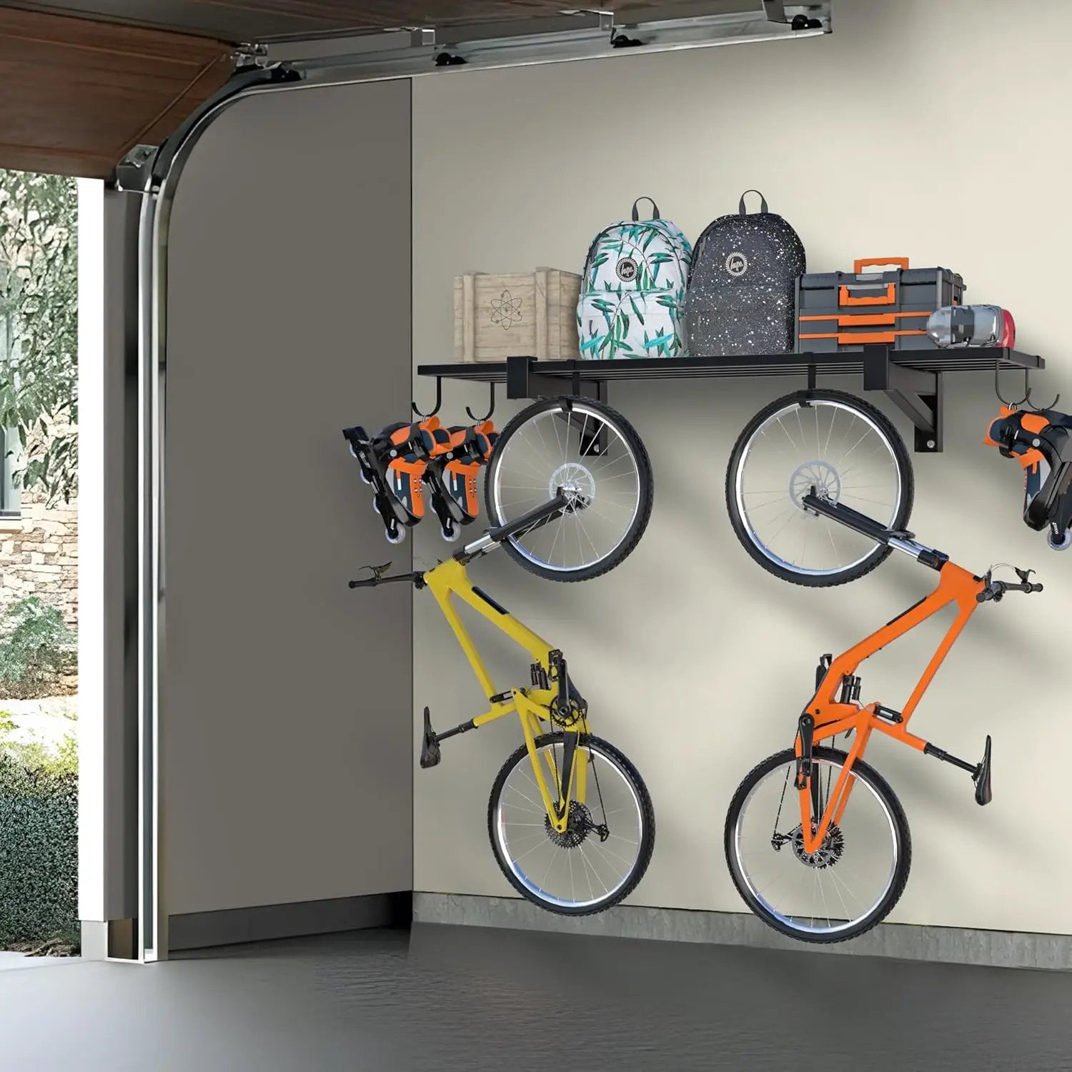 1-Pack Garage Wall Shelving,Heavy Duty Garage Storage Shelves, Wall Mounted Storage Shelving with 6 Hooks, 250LB Capacity, Black by GreenHaven Gardens