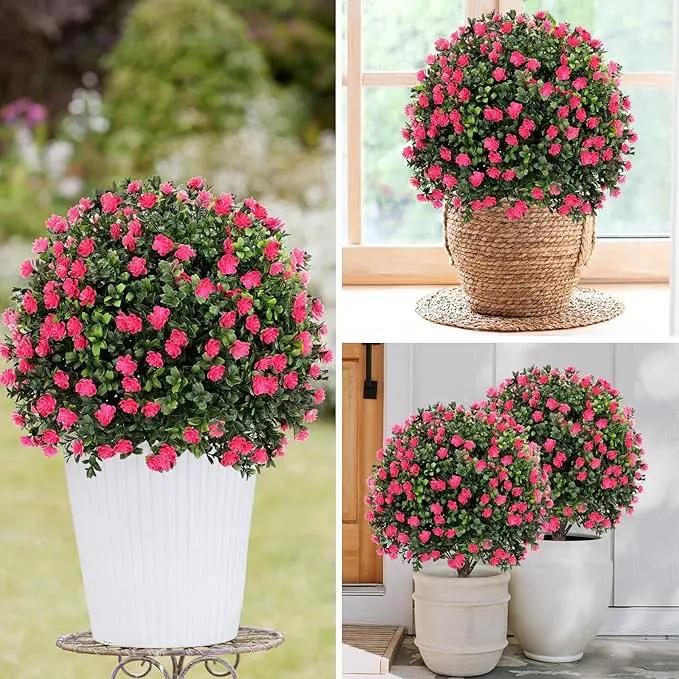 Artificial Pink camellia Topiary Ball Tree 25" with Ground Spike, Set of 2 Artificial Boxwood Bushes for Faux Shrubs, Fake Evergreen Faux Plant for Indoor Outdoor Garden -UV Resistant–Fade-Proof by GreenHaven Gardens