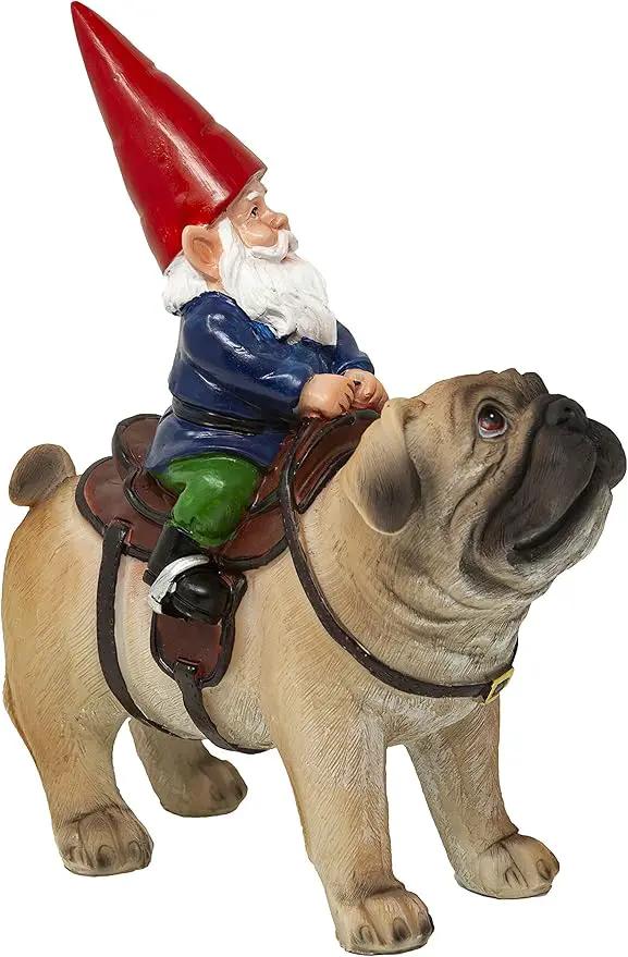 Funny Guy Mugs Garden Gnome Statue - Gnome Riding a Pug - Indoor/Outdoor Garden Gnome Sculpture for Patio, Yard or Lawn by GreenHaven Gardens