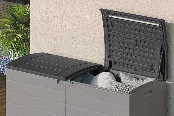 Suncast 120-Gal. All-Weather Patio Deck Box with Pad-Lockable Split Top Lid, Extra-Large Outdoor Storage Unit for Patio Furniture and Grill Tools, Made in the USA by GreenHaven Gardens