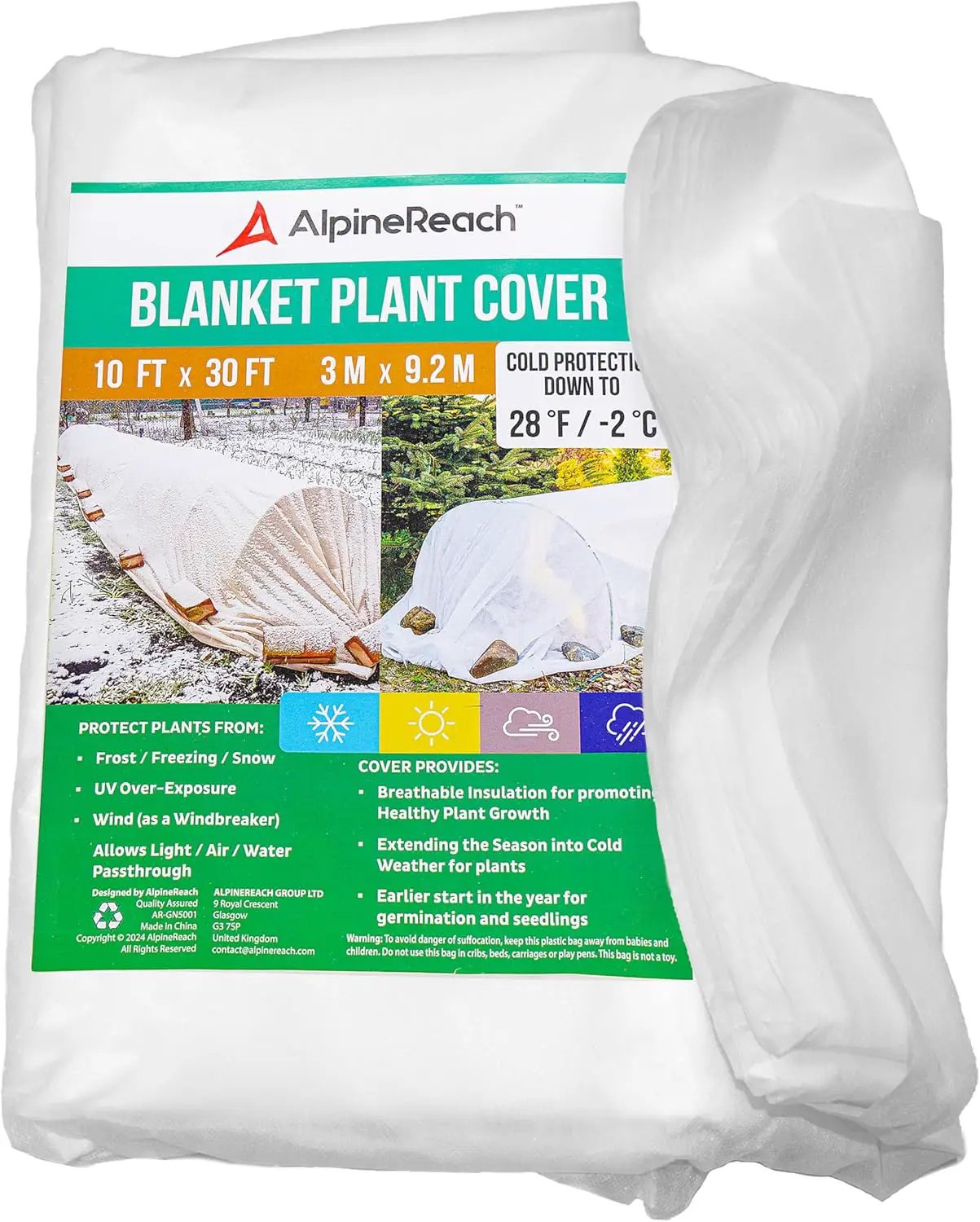 AlpineReach Plant Covers Frost & Sun Protection 10 x 30 ft - Thick 1.2 oz/yd² Freeze Blanket to Low 28 °F Temperatures Floating Row, Garden Fabric Material, Protect in Winter Cold, Gardening Down by GreenHaven Gardens