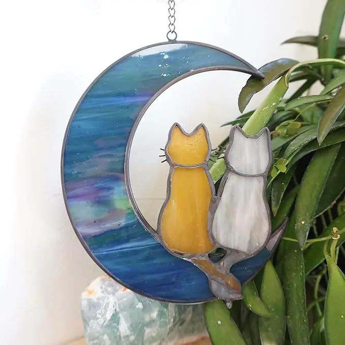 Cat Stained Glass Suncatcher – Cat on Moon Real Glass Window Hanging – Unique Modern Design Wall Art for Home or Garden Décor – Perfect Cat Lover Gift by GreenHaven Gardens