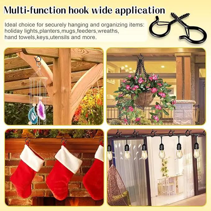 Hooks for Outdoor String Lights, 20 Pack Cup Screw Hooks for Hanging Plants Fairy Led Party Christmas Lights Garage Wind Chimes Black Q Hanger with Safety Buckle Design Easy to Release by GreenHaven Gardens