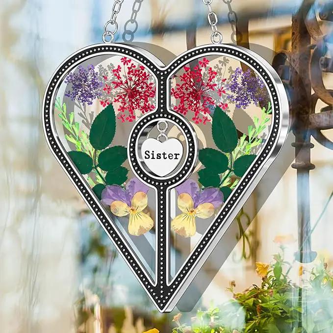 KY&BOSAM Heart Suncatcher Sister Stained Glass for windsows Hanging Wind Chimes with Pressed Real Flower Heart in Glass with Metal Trim Heart Charm Birthday Gift for Sister Mothers Day Christmas Decor by GreenHaven Gardens