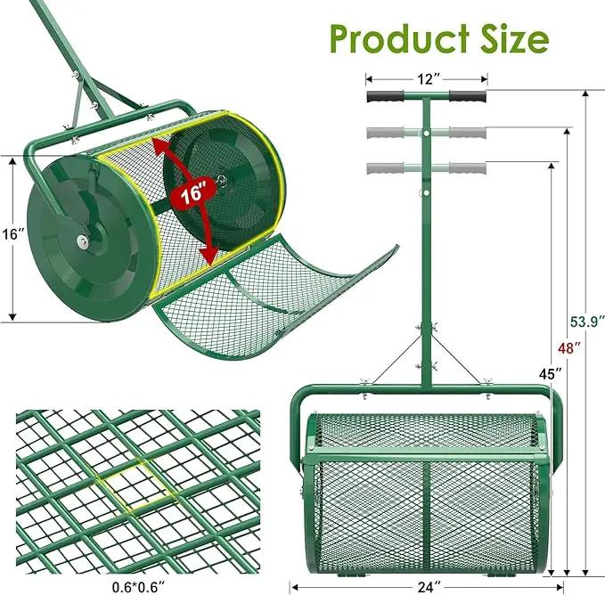 Seeutek Compost Spreader - 24" Peat Moss Spreader with 3 Heights, Top Soil Spreader W/Upgraded Side Latches Support Rod Powder Coated Metal Mesh Top Dressing Spreader for Lawn, 2 Way Uses-Push or Tow by GreenHaven Gardens