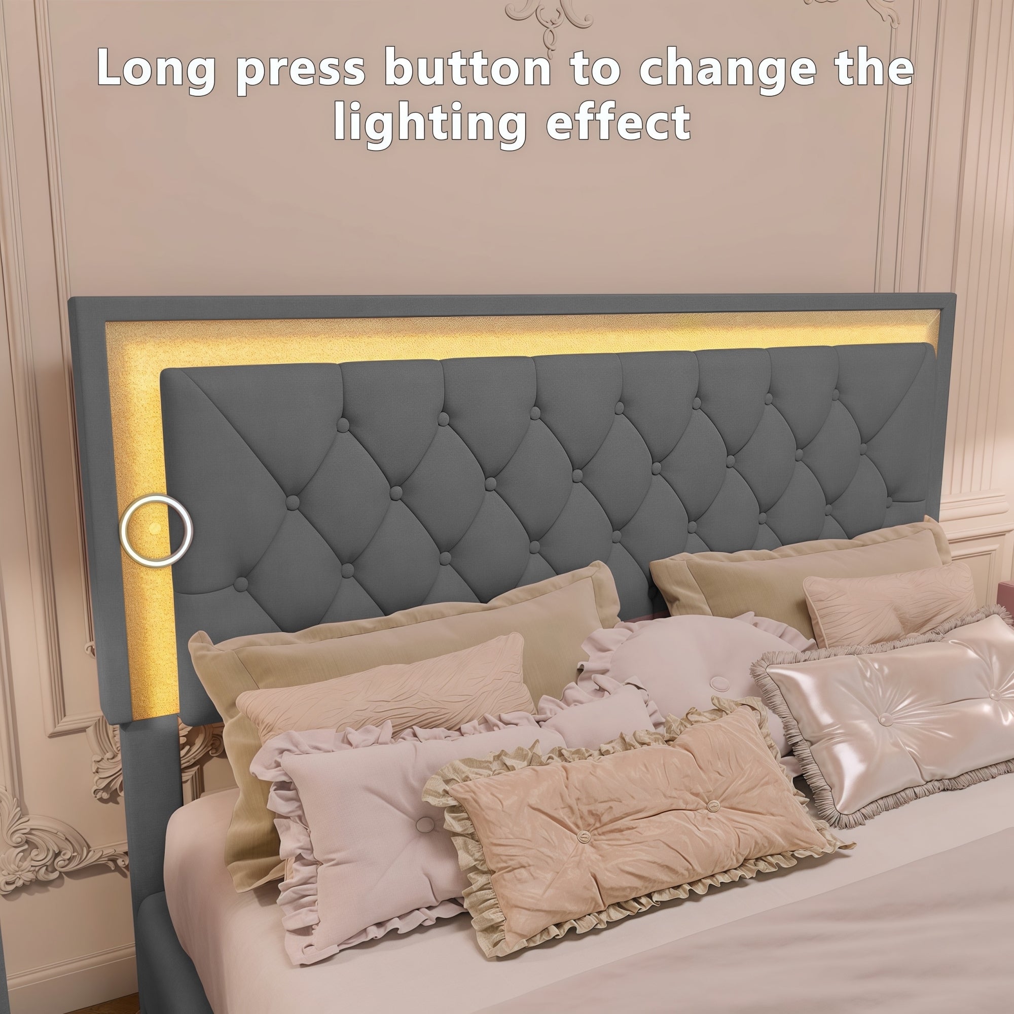 3-Pieces Bedroom Set, Queen Size Upholstered Platform Bed with LED Lights and Two Nightstands - Gray by HouseOfZazla