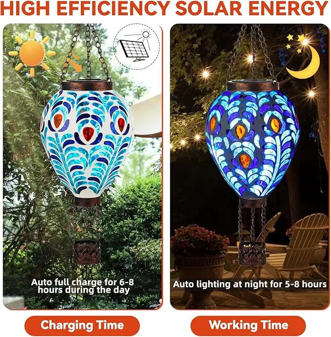 VOREEN Hot Air Balloon Solar Lantern, Mosaic Solar Outdoor Hanging Wind Light, Waterproof, Patio Festive Decor, Easter Gifts for Mom Father Grandma, Peacock Feather Design by GreenHaven Gardens