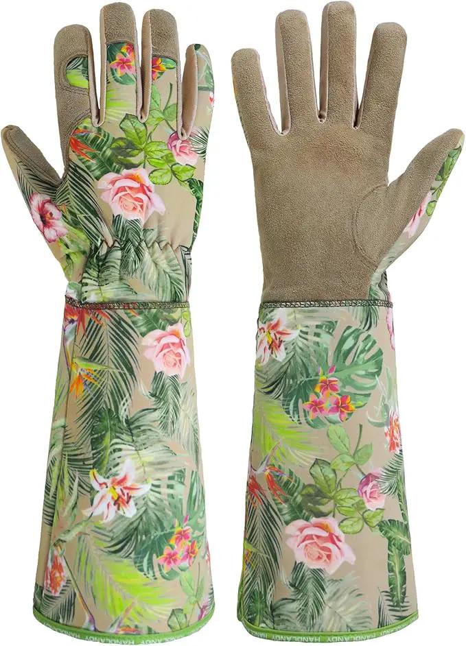HANDLANDY Leather Gardening Gloves for Women, Thorn Proof Breathable Ladies Rose Pruning Garden Gauntlet Yard Gloves, Gift for Gardeners (Khaki, L) by GreenHaven Gardens