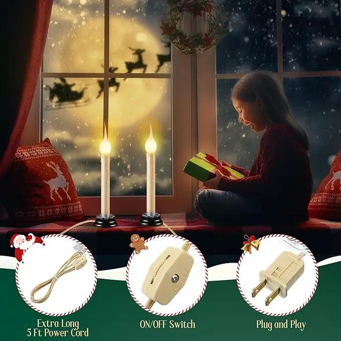 Enhon 4 Pack Rustic Country Candle Lights with Replacement Silicone Bulb, C7 0.6W Electric LED Christmas Window Candles Plug in, UL Certification Warm White Candlestick Lamp, 5 FT Cord, On/Off Switch by GreenHaven Gardens