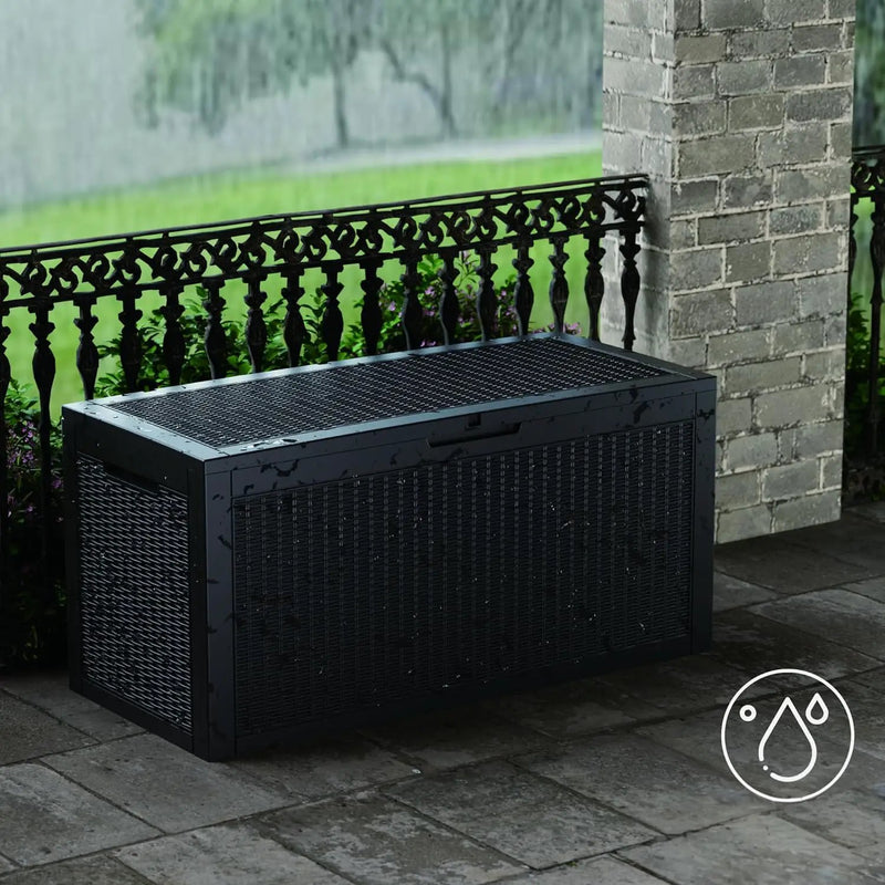 100GAL Black Wicker - Textured Outdoor Deck Box with Lockable – Waterproof, SGS - Verified UV Resistance, Stylish Storage for Patio Furniture & Outdoor Toys, Quick Assembly by GreenHaven Gardens