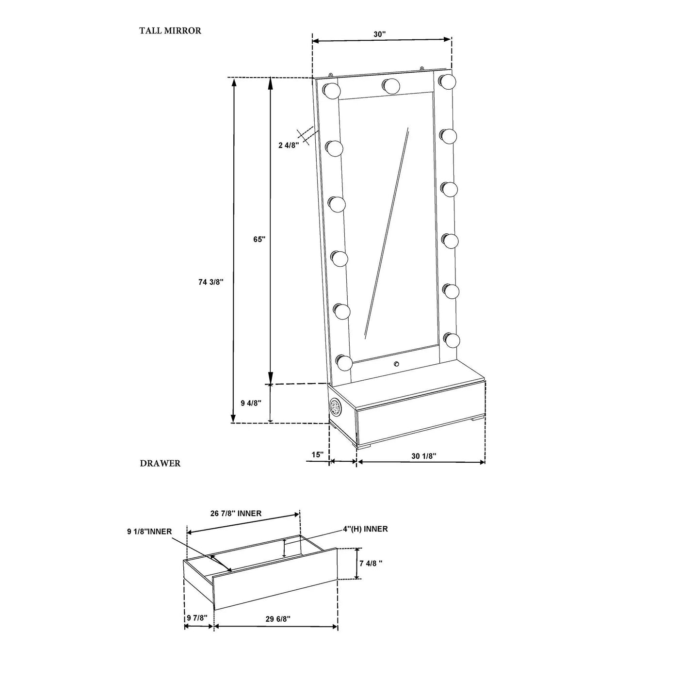 Elisa - Narrow Tall Mirror With Speaker And Drawer by HouseOfZazla