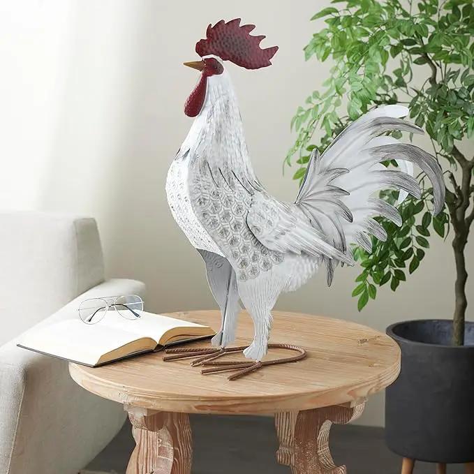 Deco 79 Metal Rooster Decorative Garden Sculpture Garden Statue with Black Texturing and Red Accents, Outdoor Sculpture 15" x 6" x 18", White by GreenHaven Gardens