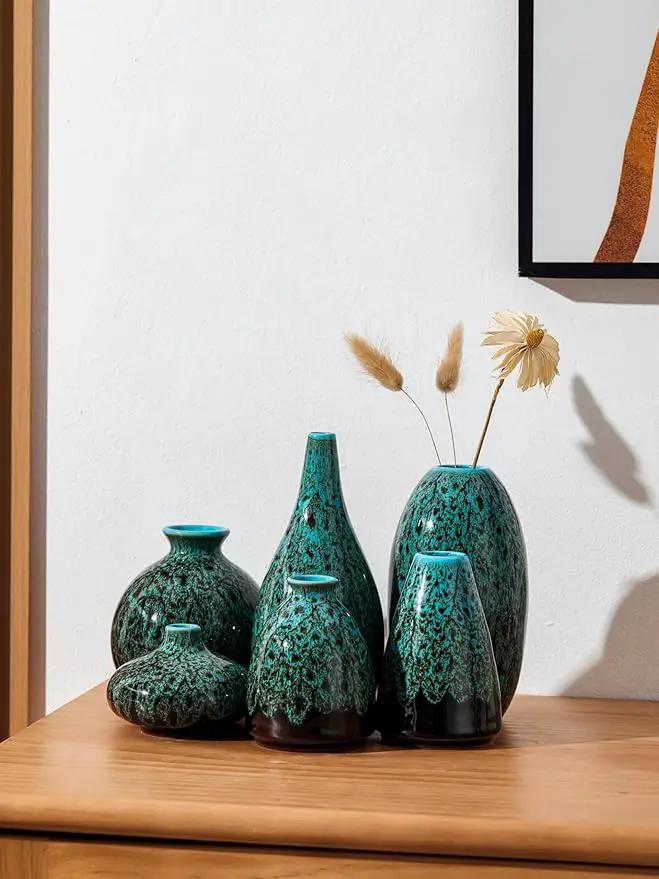 Ceramic Bud Vase Set, Fambe Blue Glazed Finish, Decorative Flower Vases (Blue-Set of 6) by GreenHaven Gardens