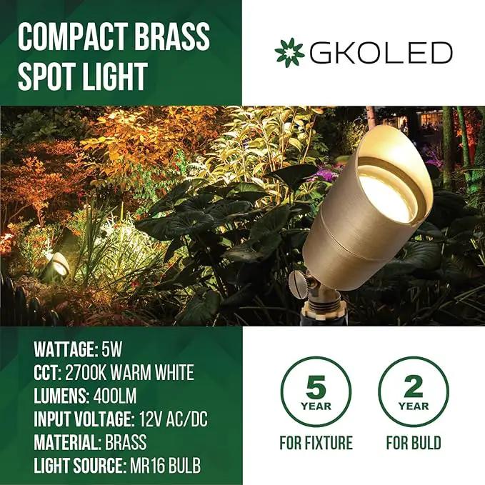 GKOLED Solid Brass Low Voltage Compact Spotlight, 12V AC/DC Waterproof Outdoor Landscape Spot Lights for House Trees Garden Yard Lawn, Up Light with 5W 2700K MR16 Bulb, Stake Included, 12 Pack by GreenHaven Gardens