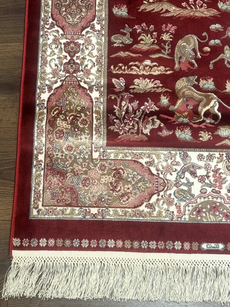 Turkish Silk Rug 2.6 x 6.7, Hunting Design, Short Runner Rug, Red & Ivory, Bamboo Silk, New by Jewel Rugs