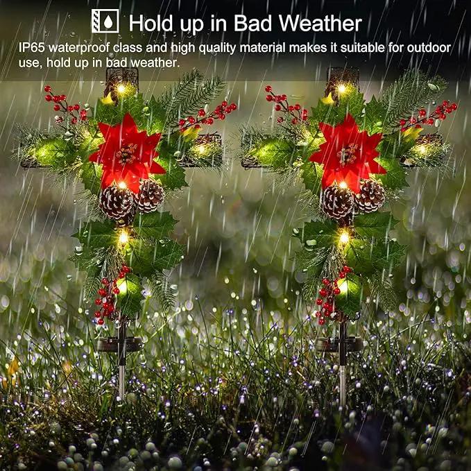 2 Pack Outdoor Solar Lights Christmas Decorations, Cross Stake Lights with Faux Poinsettia Pine Cones Red Berries and Foliage for Garden Patio Grave by GreenHaven Gardens