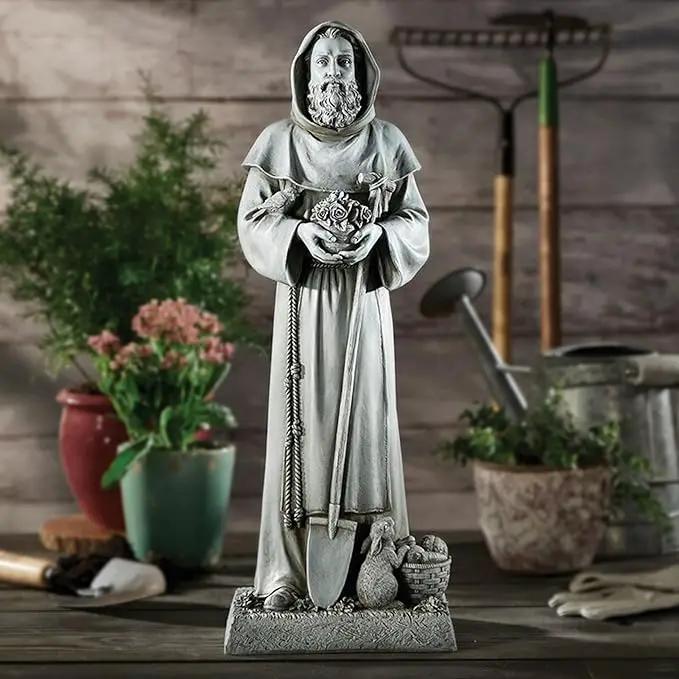 Garden Statue - Stone-Resin Saint Fiacre Indoor/Outdoor Catholic Sculpture, 24" Tall by GreenHaven Gardens
